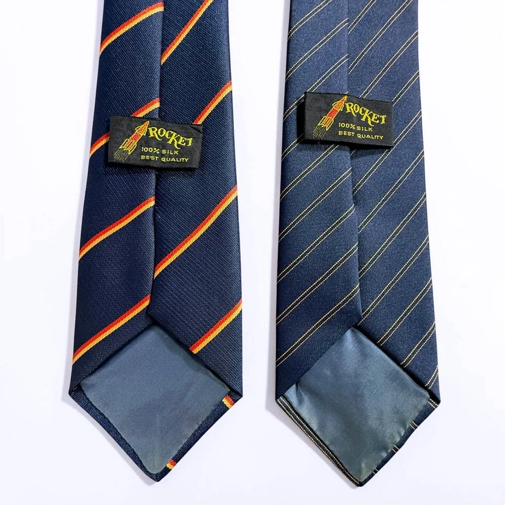 Rocket Mens Silk Tie Lot 2 Navy‎ Blue Orange Gold Diagonal Striped Regimental